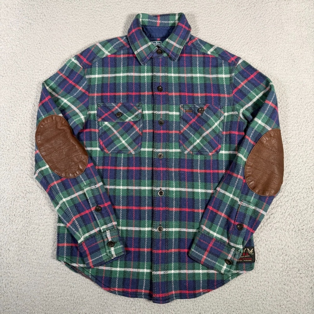 Polo Ralph Lauren Shirt Mens Small Green Plaid Cotton Wool Flannel Elbow Patches
